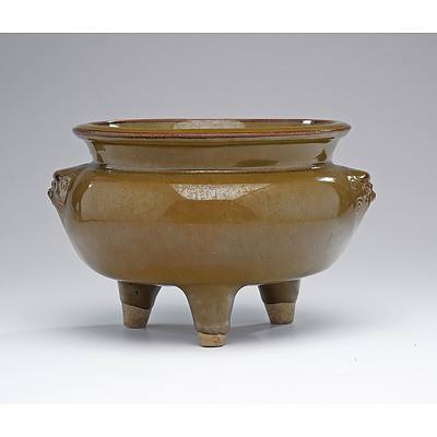 Chinese Teadust and Iron Glaze Tripod Censer with Lions Head Masks, Qing Dynasty, Possibly Shiwan Ware