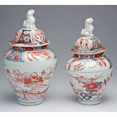 Near Pair of Early Japanese Imari Vases and Covers Circa 1720