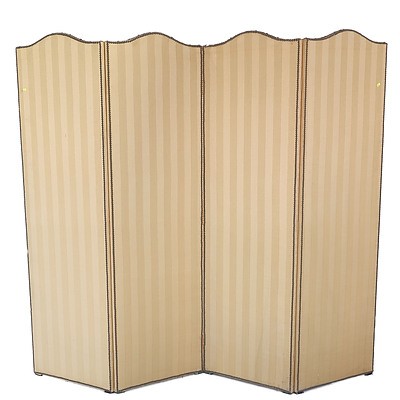 Large Vintage Embossed Parchment, Fabric, and Brass Studded Leather Trimmed Fourfold Screen