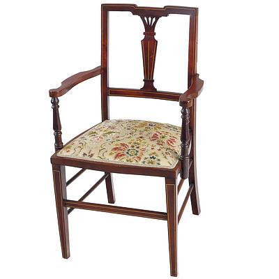 Sheraton Revival String Inlaid Mahogany Armchair, Early 20th Century, and Another Single Chair En Suite
