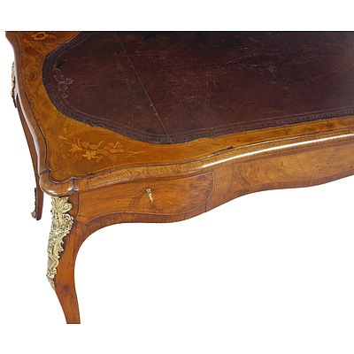 French Louis XV Style Inlaid Walnut and Ormolu Mounted Writing Table, Late 19th Century