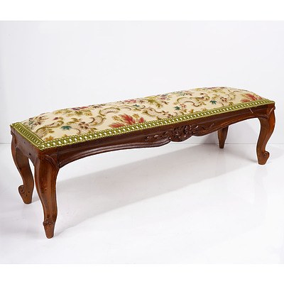 Louis Style Carved Oak Footstool with Cut Velvet Upholstery