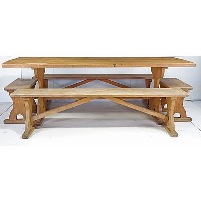 Weathered Pine Refectory Table with Four Bench Seats