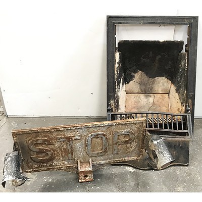 Vintage Iron Fire Place & Stop Sign