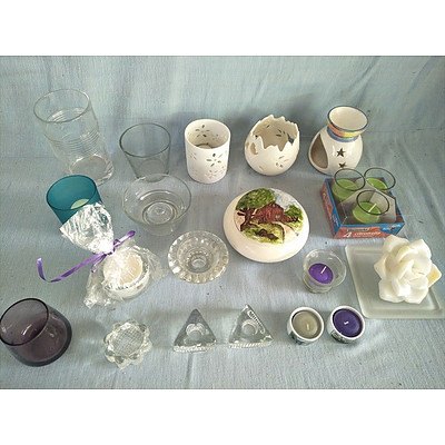 Assorted candles, candlestick holders, vases and lidded bowl