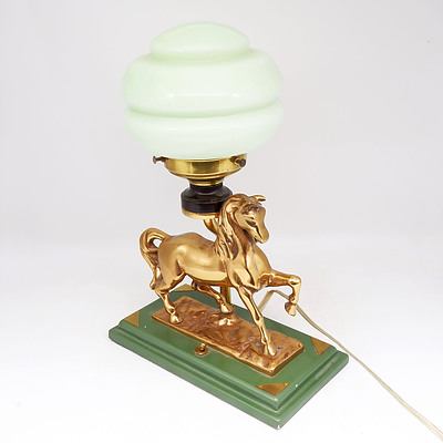 Vintage Cast Brass Equestrian Themed Table Lamp with Painted Wood Base, Glass Shade and Bakelite Lampholder