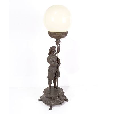 Edwardian Cast and Patinated Figural Table Lamp with Glass Shade, Early 20th Century