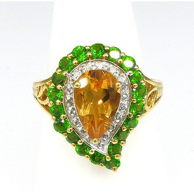 9ct Yellow Gold Ring with Coloured Synthetic Gems, Made in India