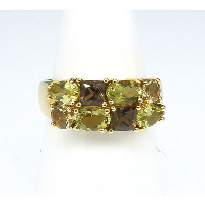 9ct Yellow Gold Ring with Two Rows of Mixed Cut Gems, Citirne Alternating with Smoky Quartz in Claw Setting