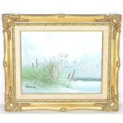 Edmond, Beach Scene, Oil on Board, Offset Print of a Farmhouse and a Print of Times Square New York City