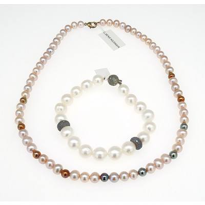Pink Fresh Water Pearl Necklace 7mm and a White Freshwater Pearl Bracelet 9mm