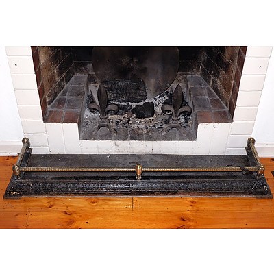 Victorian Cast Iron and Brass Fire Fender and A Pair of Cast Iron Fleur De Lis Form Andirons
