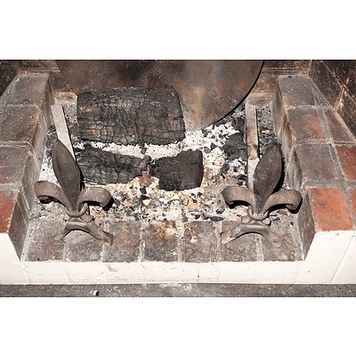 Victorian Cast Iron and Brass Fire Fender and A Pair of Cast Iron Fleur De Lis Form Andirons