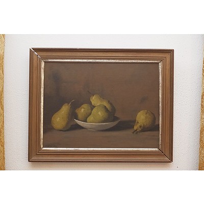 Still Life with Pears, Oil On Canvas Board, Signed Indistinctly Lower Left and Dated 35