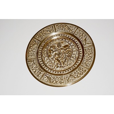 Antique Chinese Engraved Brass Dragon Dish and A Small Indian Metal Tray