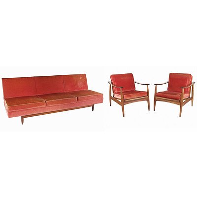 TH Brown Three Piece Tasmanian Blackwood Lounge and Matching Armchairs with Caned Back Panels