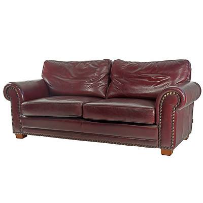 Moran 'Marlin Antica Burgundy' Leather and Brass Studded Three Seater Sofa