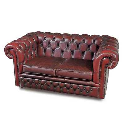 Gascoigne Burgundy Buttoned Leather Two Seater Chesterfield Lounge