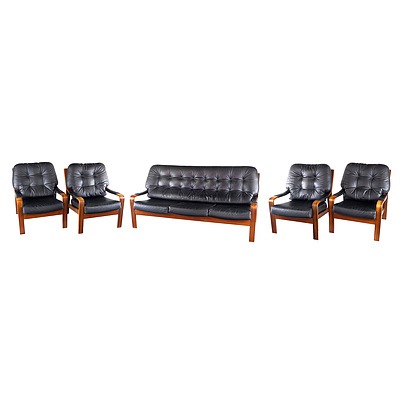 Tessa T9 Qld Black Walnut Veneered Laminated Ply and Black Buttoned Leather Upholstered Five Piece Lounge Suite Designed by Fred Lowen