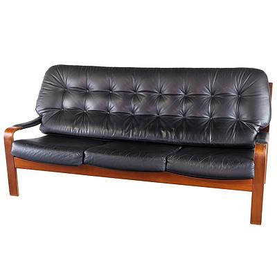 Tessa T9 Qld Black Walnut Veneered Laminated Ply and Black Buttoned Leather Upholstered Five Piece Lounge Suite Designed by Fred Lowen