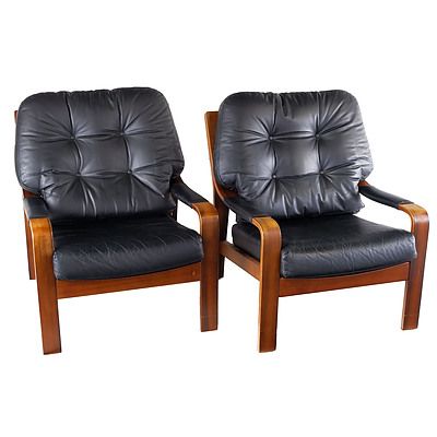 Tessa T9 Qld Black Walnut Veneered Laminated Ply and Black Buttoned Leather Upholstered Five Piece Lounge Suite Designed by Fred Lowen