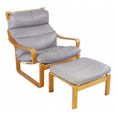 Pair of Tessa Laminated Ply and Grey Leather Chairs and Ottomans Designed by Fred Lowen