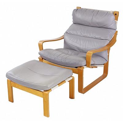 Pair of Tessa Laminated Ply and Grey Leather Chairs and Ottomans Designed by Fred Lowen