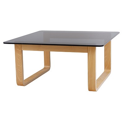 Tessa Laminated Ply and Grey Tint Glass Table Designed by Fred Lowen