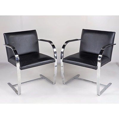 Pair of Vintage Mies Van Der Rohe 'Brno' Cantilever Armchairs in Chromed Flat Bar Steel and Leather
