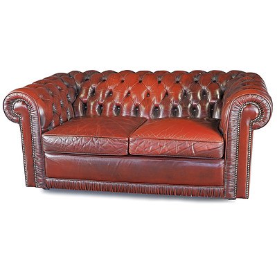 Moran Oxblood Buttoned Leather Upholstered Two Seater Chesterfield