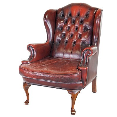 Vintage Moran Oxblood Buttoned Leather Upholstered Wingback Armchair
