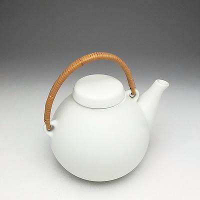 Arabia Finland Ulla Procope White Stoneware and Cane Teapot