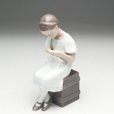 Bing Grondahl and Porcelain Ceramic Figure of a Girl Knitting