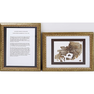 Framed Piece of Paper from One of the Japanese Midget Submarines, Sydney Harbour 31st May 1942 with Verification