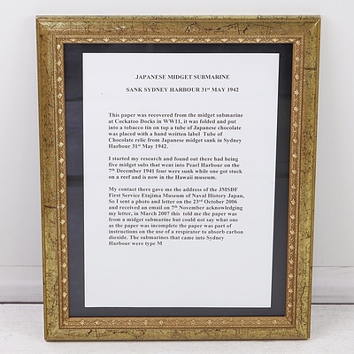 Framed Piece of Paper from One of the Japanese Midget Submarines, Sydney Harbour 31st May 1942 with Verification