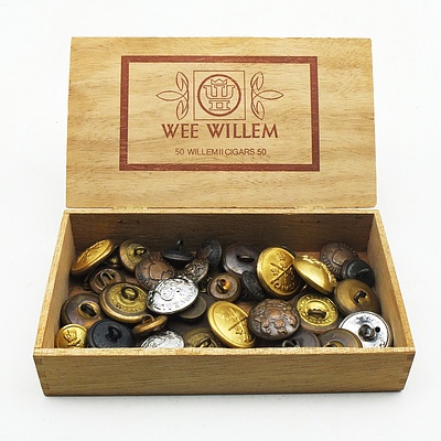 Vintage Cigar Box with a Collection of Military Buttons