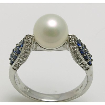 14ct White Gold Ring - Pearl, Sapphires, Diamonds