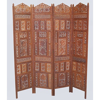 Indian Carved and Pierced Sandalwood Fourfold Screen