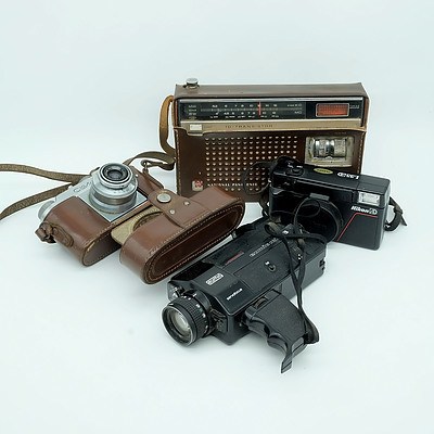 National Panasonic Radio, Eumig Mini 3 Video Camera, Cloter Junior Camera and a Nikon L35AD Camera