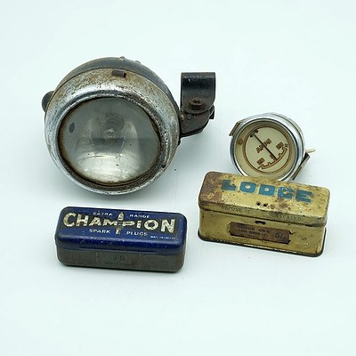 Remo Light, Amps Gauge and a Boxed Lodge and Champion Spark Plug