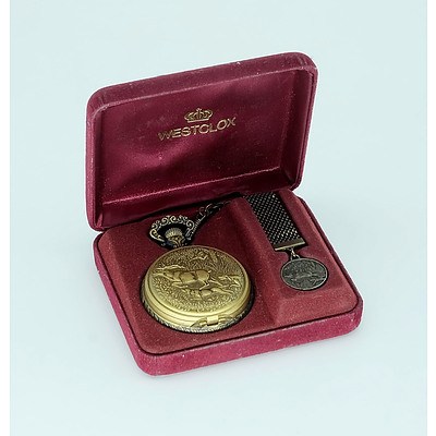 New Old Stock Westclox Pocketwatch with Stag Motif and Fob Chain