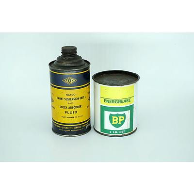 Nasco Front Suspension Fluid Tin and a BP Energrease Tin