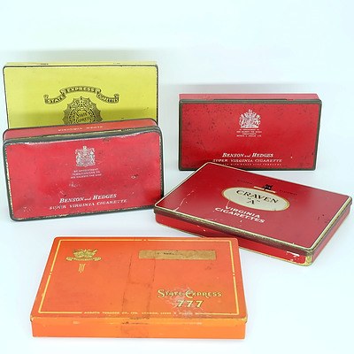 Five Vintage Cigarette Tins Including Craven, Benson and Hedges and State Express