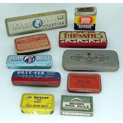 Ten Vintage Tins and Boxes Including Dunlop, Throaties, Staedtler and More