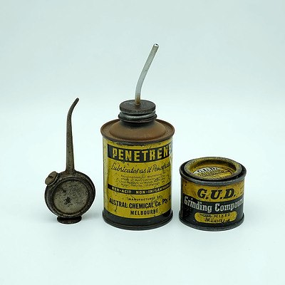 Penetrene Lubricant Tin, GUD Grinding Compound Tin and a Miniature Oil Spout