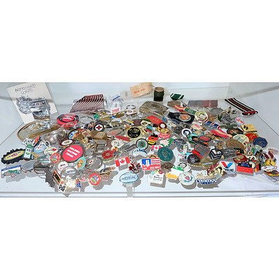 Shelf Lot of Various Car Badges, Medals, Ribbons and More