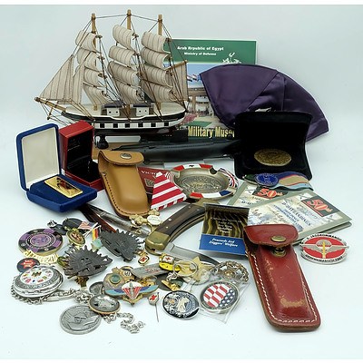 US Buck Pocket Knife, Automotive and Military Badges, Sands of Gallipoli Paper Weight and More