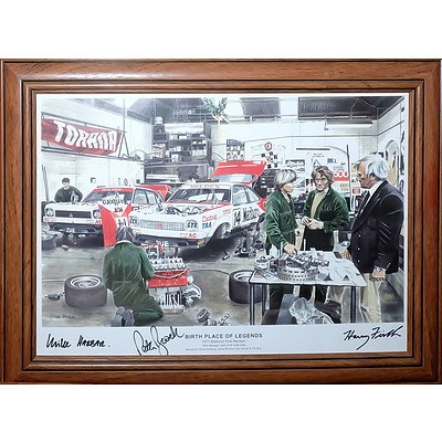 Birthplace of Legends 1977 Bathurst Post Mortem Poster with Three Signatures Including Peter Brock