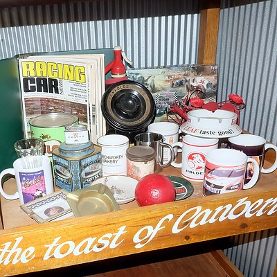 Shelf Lot of Automotive Mugs, Ashtrays, Soda Siphon, Racing Magazines and More