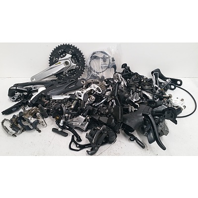 Assorted Boxes Of Bike Accesories Including Cranks, Brakes & More.